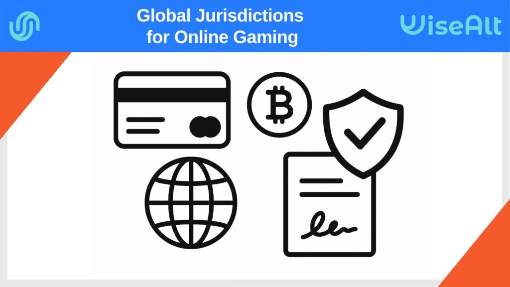 Black-and-white illustration of iGaming license and payment solutions icons: bank card, Bitcoin coin, globe, shield, and document.