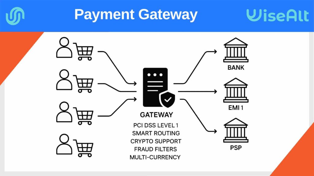 Payment flow chart: customers pay via PCI DSS-certified gateway with smart routing to banks, EMI, and PSP