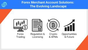 Infographic showing Forex trading, regulation and licensing, crypto and APMs, and future opportunities for high-risk merchant accounts.