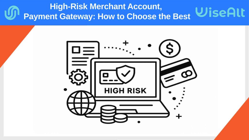 High-risk merchant account illustration with credit card, globe, and laptop