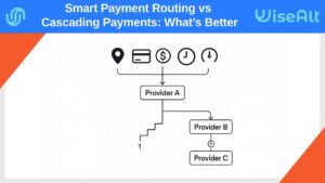 Black and white flowchart illustrating smart payment routing and cascading payments for high-risk transaction optimization.