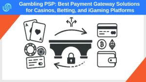 Illustration of a payment gateway bridge connecting gambling symbols like cards and chips with payment methods including credit cards and cryptocurrencies on a white background