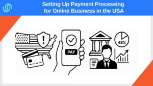 Payment processing online business USA: US map with warning icon, digital payment methods, bank representative, and high-risk merchant analytics.