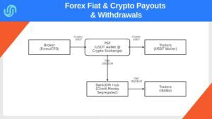 Forex/CFD payout flow: USDT from broker to PSP wallet, fiat via Bank/EMI hub with client-money segregation to trader IBANs, or USDT directly to trader wallet