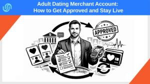 Illustration of a businessman representing an adult dating merchant account with approval checklist, payment terminal, recurring billing, and dating icons