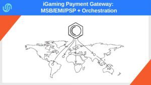Illustration with a simplified world map, gateway hub, and payment flows showing cascading across multiple PSP nodes, representing iGaming multi-geo orchestration.