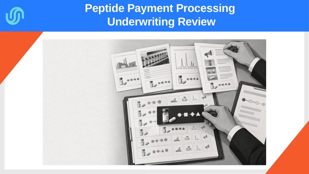 Underwriter matching a peptide product card to supplier, batch, claims and merchant-account evidence.