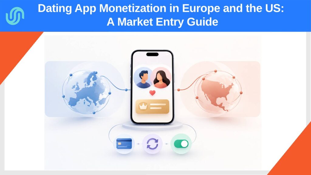 Dating app monetization for Europe and the US, illustrated with a smartphone, regional globes, payment and subscription icons.
