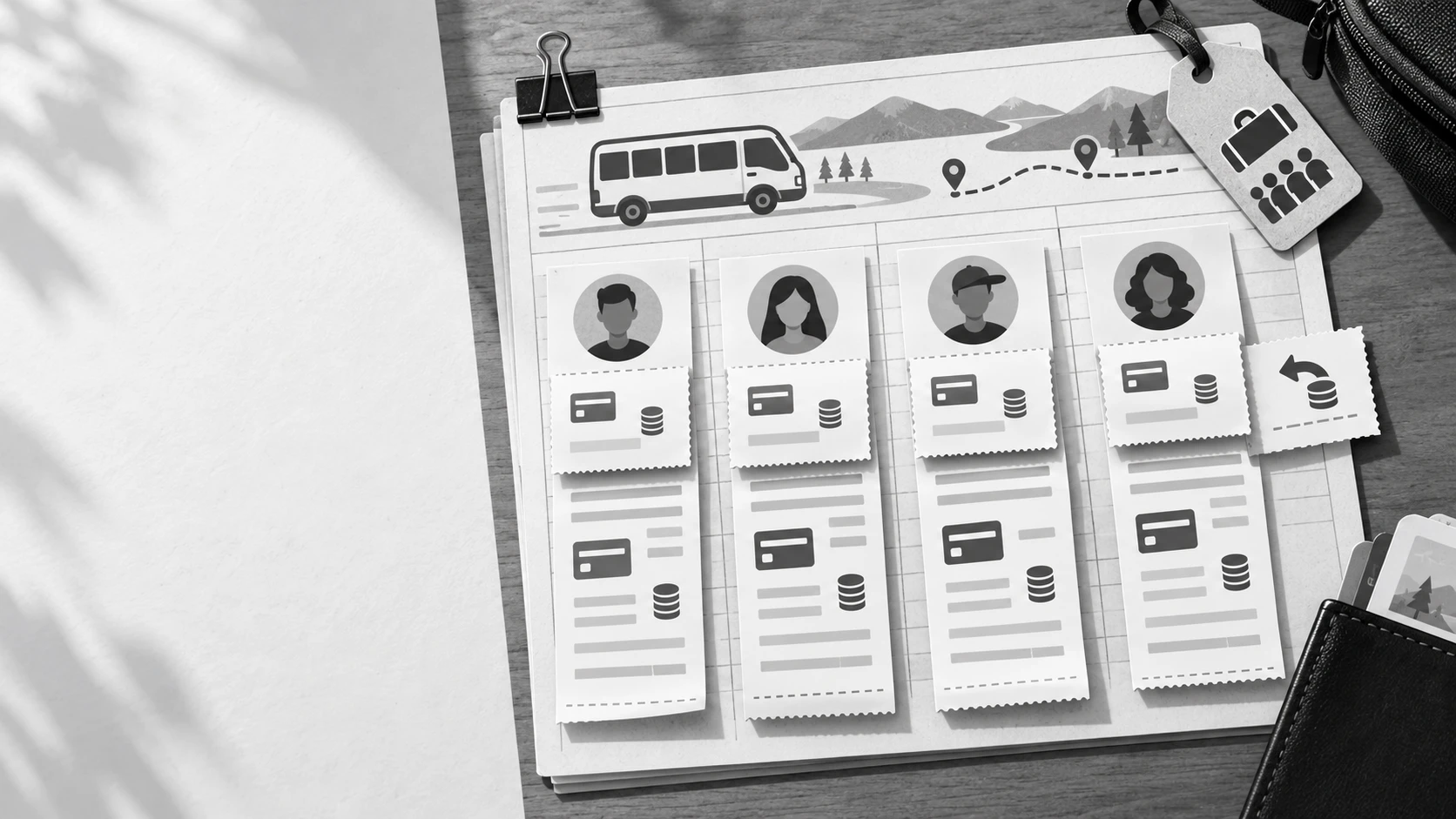 Tour operator merchant account group ledger with four traveller payments and an individual refund