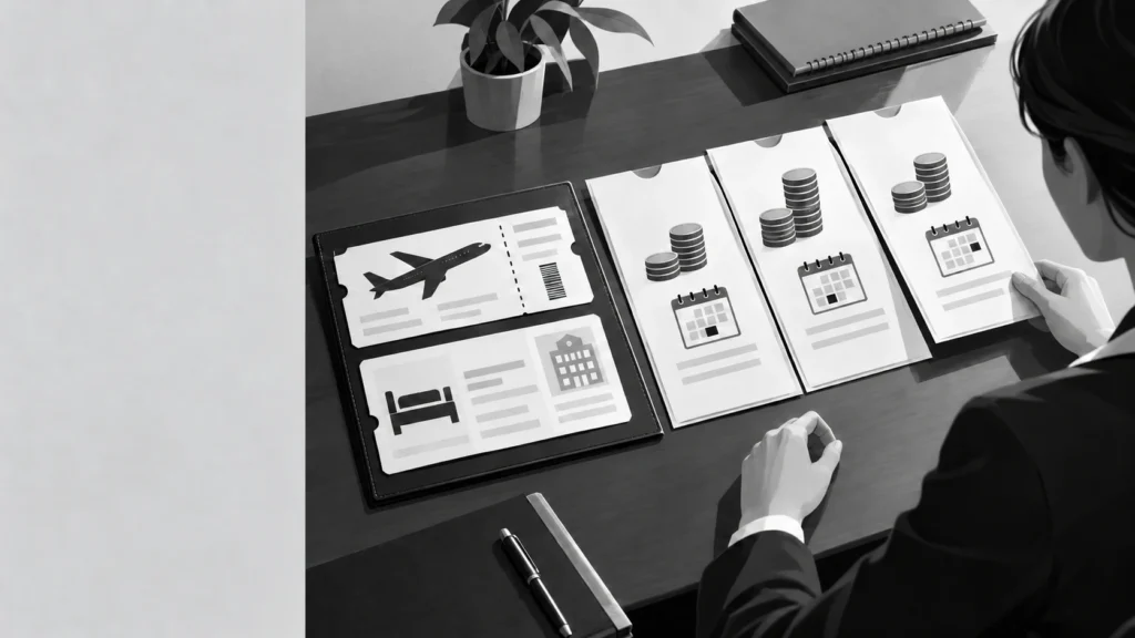 Travel merchant account proposals compared beside an agency booking itinerary