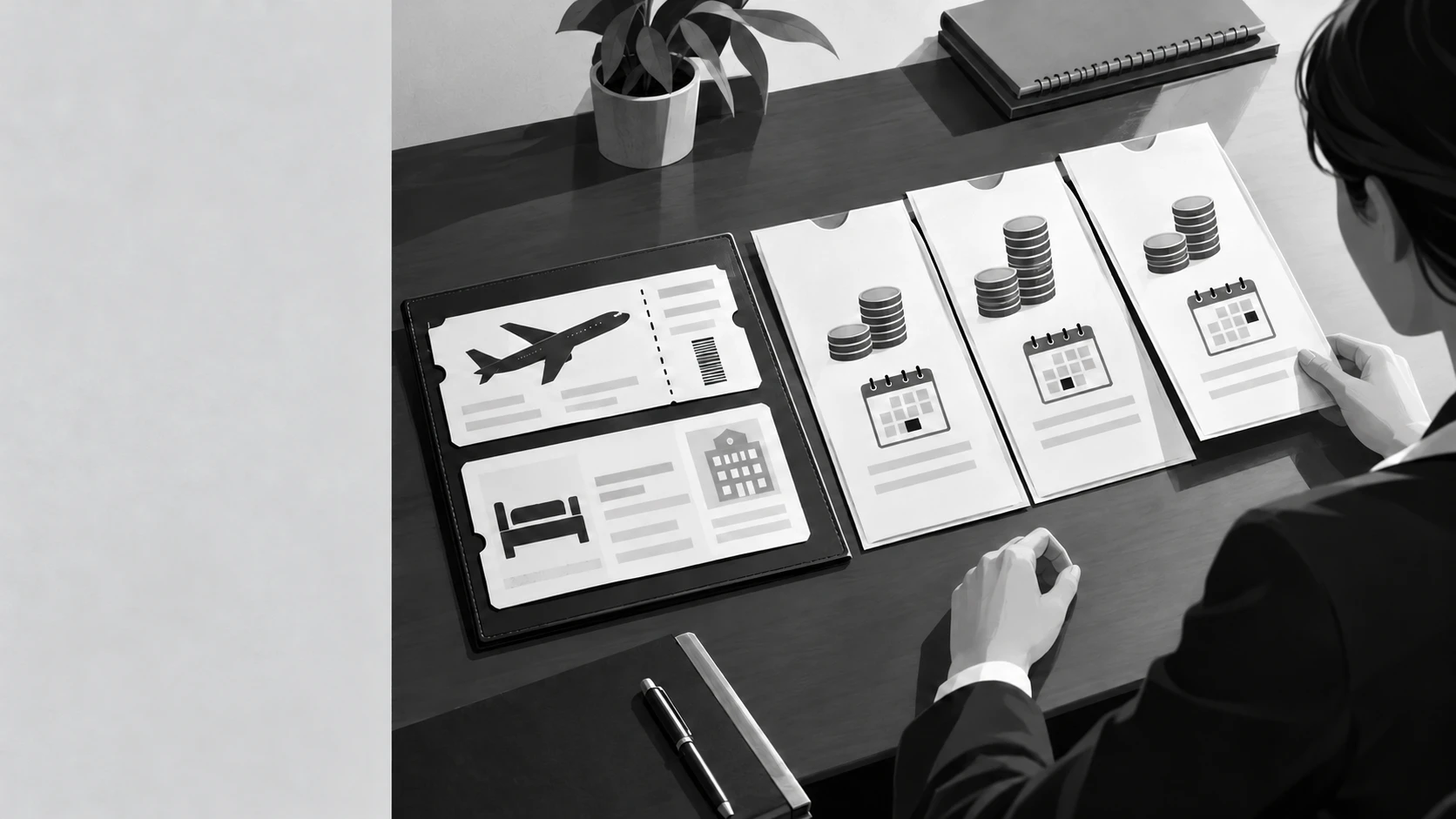 Travel merchant account proposals compared beside an agency booking itinerary