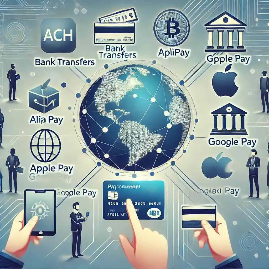 Global payment methods for crypto exchanges, featuring ACH, bank transfers, Alipay, Apple Pay, Google Pay