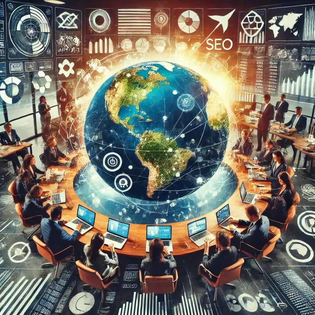 Business professionals collaborating around a globe with digital devices displaying international symbols and currencies, highlighting global expansion strategies in the travel industry.