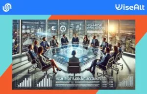 Business professionals discussing high-risk banking accounts in a technologically advanced conference room, focusing on global financial solutions.