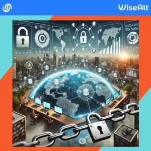 Digital landscape depicting Third-Party Risk Management with interconnected networks and digital security elements, suitable for online merchants.