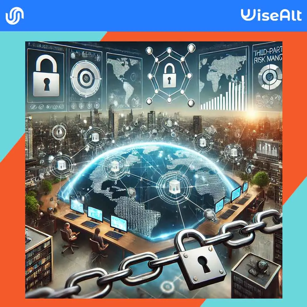 Digital landscape depicting Third-Party Risk Management with interconnected networks and digital security elements, suitable for online merchants.