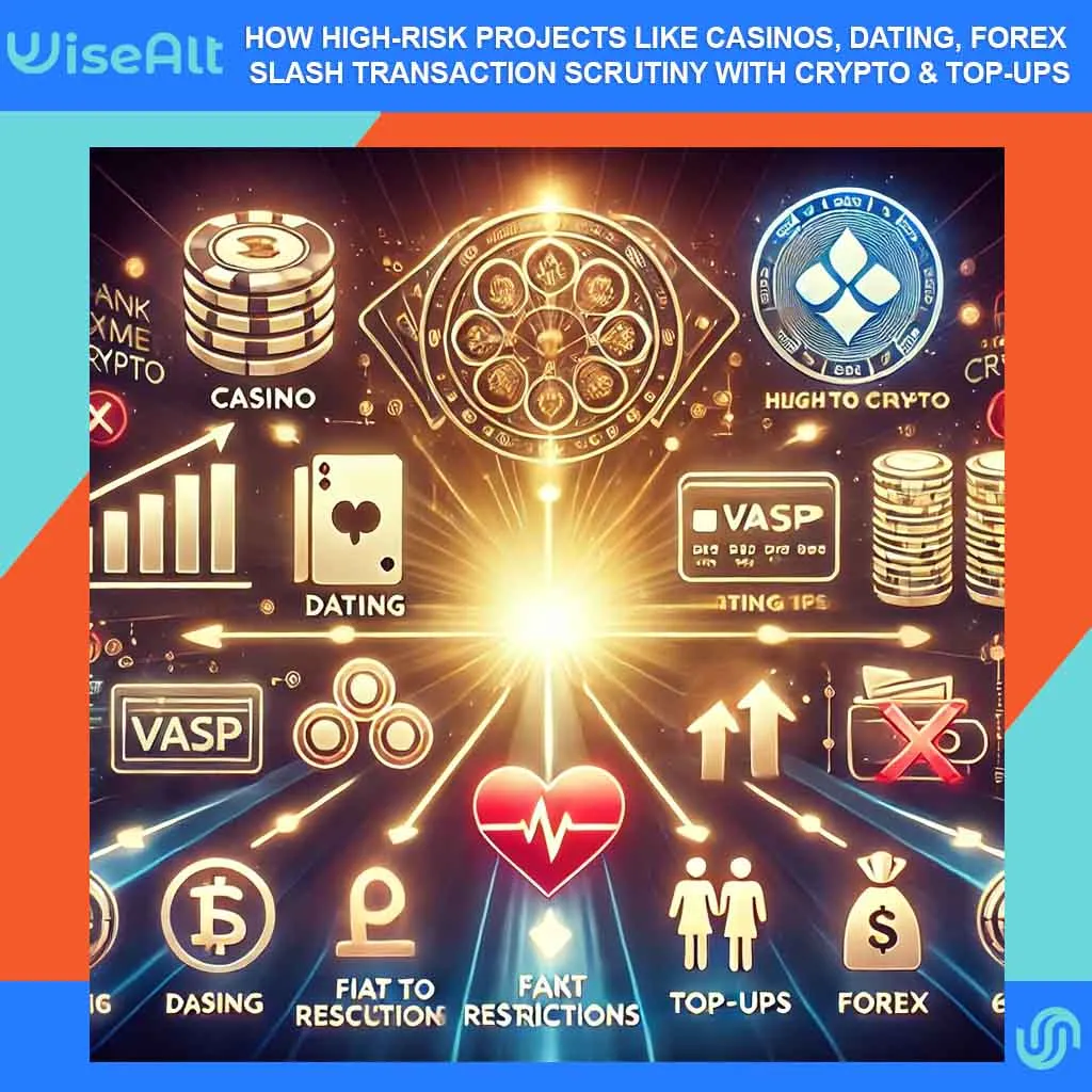 Illustration of high-risk payment processing with symbols for casino, dating, and Forex industries, showing alternative payment methods like crypto, VASP tokens, and e-wallets against a digital matrix background.