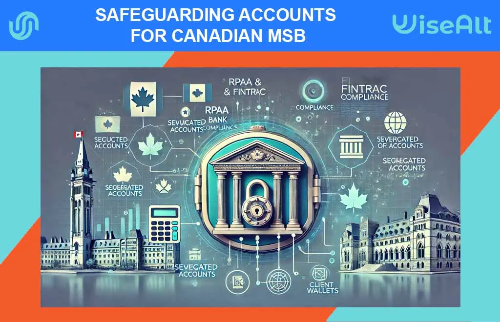 Digital illustration of a stylized bank vault or digital wallet with a padlock, representing MSB compliance with RPAA and FINTRAC through segregated accounts. Features include faint outlines of Canadian financial icons like the Bank of Canada and a maple leaf, with digital payment flows and a color scheme of blues, whites, and green accents.
