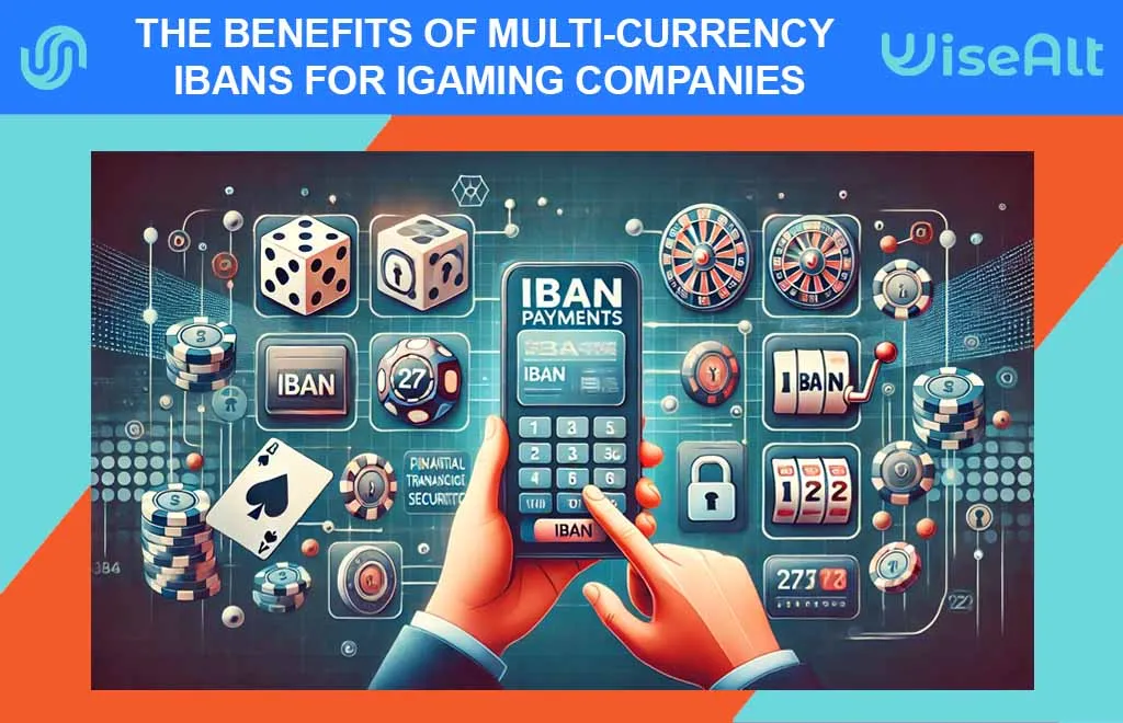 Using digital devices displaying various currency symbols and iGaming elements such as a tossed die, slot machine, and lottery tickets, with a focus on a digital IBAN payment interface