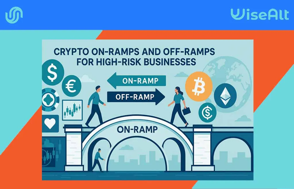 Bridge connecting traditional finance to cryptocurrency with on-ramps and off-ramps for high-risk businesses