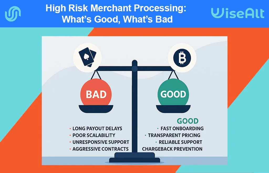 Infographic showing comparison between good and bad high-risk merchant processing with industry icons