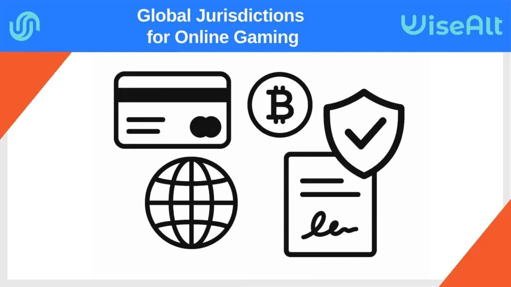 Black-and-white illustration of iGaming license and payment solutions icons: bank card, Bitcoin coin, globe, shield, and document.