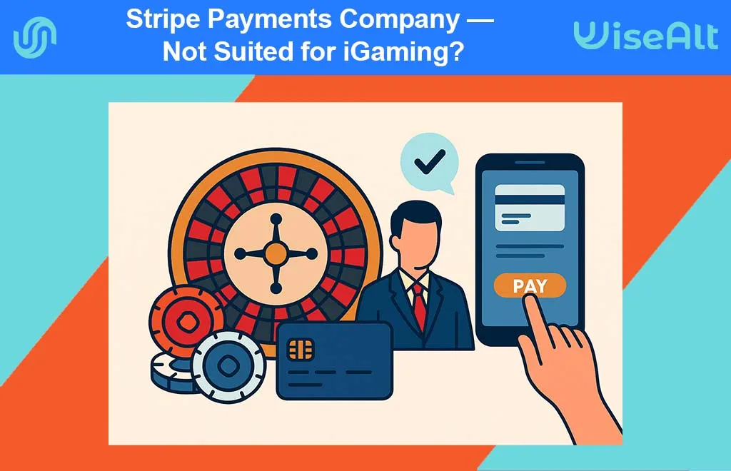 Illustration of Stripe Payments Company alternatives for gambling and iGaming with roulette, credit card, consultant, and smartphone