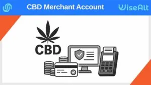 CBD merchant account concept with hemp leaf, credit card, computer, and payment terminal in black and white illustration