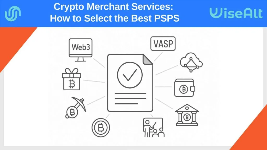 Infographic with icons representing crypto merchant segments such as Web3, DeFi, VASP, crypto wallets, staking, and consulting
