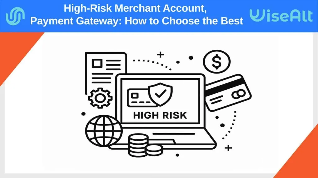High-risk merchant account illustration with credit card, globe, and laptop