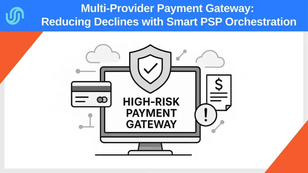 Illustration of a high-risk payment gateway with smart PSP orchestration showing card, warning icon, and security shield on a monitor.