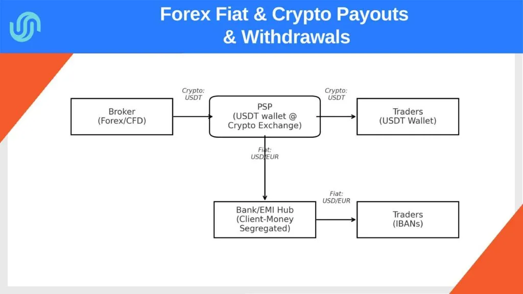 Forex/CFD payout flow: USDT from broker to PSP wallet, fiat via Bank/EMI hub with client-money segregation to trader IBANs, or USDT directly to trader wallet