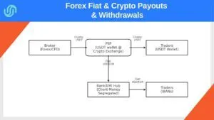 Forex/CFD payout flow: USDT from broker to PSP wallet, fiat via Bank/EMI hub with client-money segregation to trader IBANs, or USDT directly to trader wallet