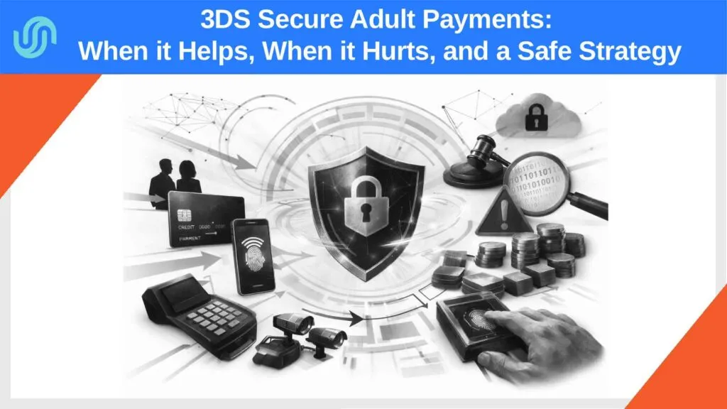 Abstract illustration of 3DS secure payment authentication with security shield, signal flow, and risk-control blocks