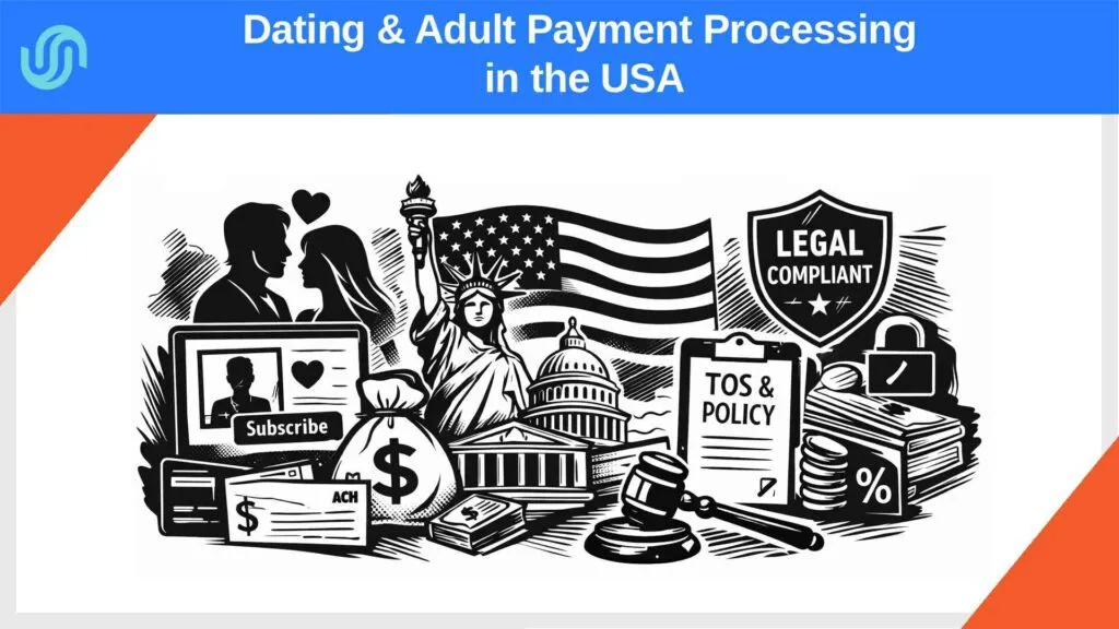 Illustration of adult and dating payment processing in the USA, showing compliance, secure payments, and subscription billing