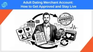 Illustration of a businessman representing an adult dating merchant account with approval checklist, payment terminal, recurring billing, and dating icons