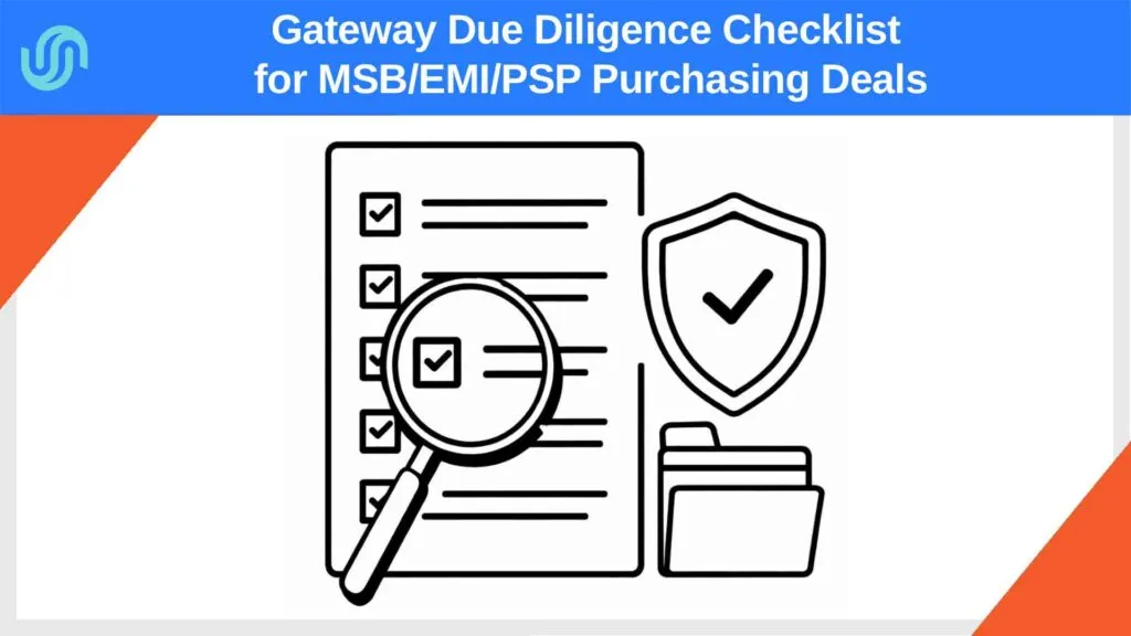 Illustration of a gateway due diligence checklist with a magnifying glass, security shield, and document folder for MSB/EMI/PSP