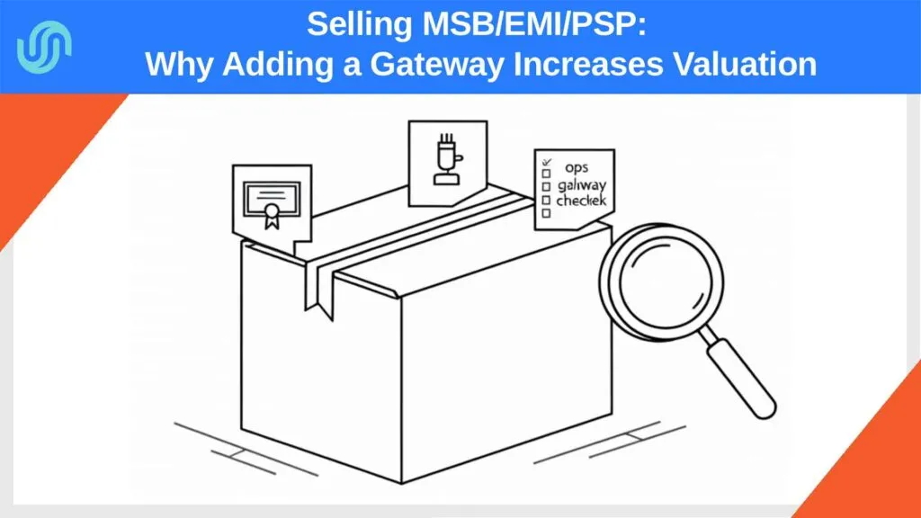 Illustration of a deal package with license document, gateway diagram, and checklist plus a magnifying glass, representing buyer-ready MSB/EMI/PSP sales.