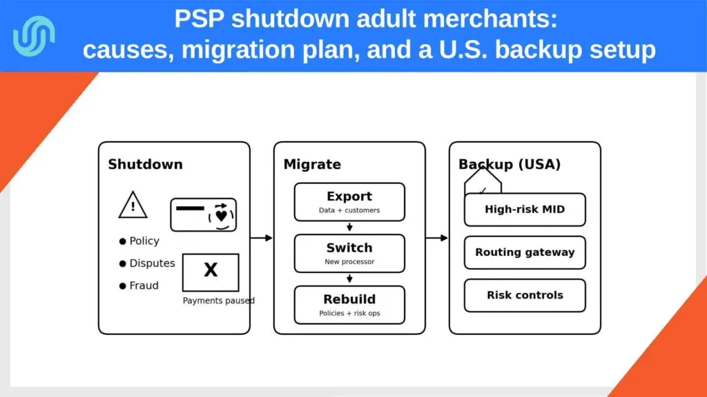 Diagram showing Stripe shutdown causes, migration steps, and a U.S. backup payment setup for adult merchants