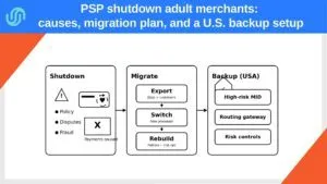 Diagram showing Stripe shutdown causes, migration steps, and a U.S. backup payment setup for adult merchants